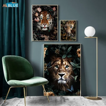 Gėlių Gyvūnų Liūtas, Tigras, Leopardas Lokys Abstrakčios Drobės Tapybos Sienos Menas Šiaurės Spausdinti Plakato Dekoratyvinis Nuotrauką Kambarį Dekoro