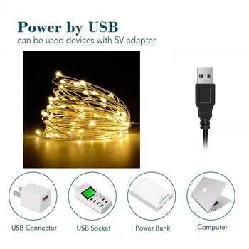 LED Eilutės Žibintai, Sidabro spalvos Viela, Garliava Maitinamas 5V USB Pasakų šviesos 2M 5M 10M Namuose Kalėdų Vestuves Apdaila 