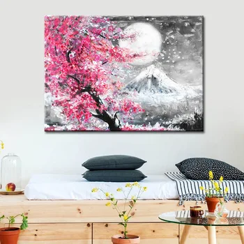 Japonų Stiliaus Cherry Blossom Fuji Kalnų Kraštovaizdžio Aliejus, Akvarelė, Tapyba, Drobė Spausdinimo Namų Dažymo Frameless Sienos Menas