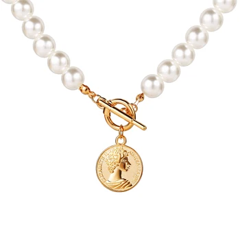 Laramoi Elegantiškas Pearl Choker Karoliai Moterų Aukso Monetos Lankas Mazgas Pakabukas Karoliai Ilgos Grandinės Juvelyrikos Dovanų Šalis