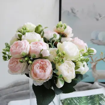 30cm Rose Pink Silk Puokštę Bijūnų Dirbtinės Gėlės 5 Didelių Galvų 4 Mažų Pumpurų Nuotaka Vestuvių Namų Puošybai Netikrą Gėlės Dirbtiniais