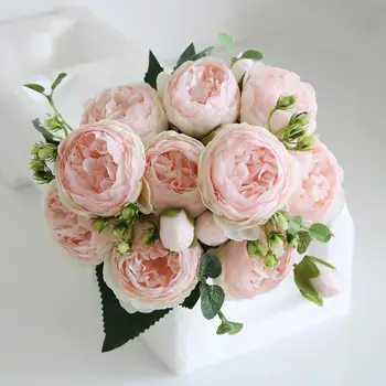 30cm Rose Pink Silk Puokštę Bijūnų Dirbtinės Gėlės 5 Didelių Galvų 4 Mažų Pumpurų Nuotaka Vestuvių Namų Puošybai Netikrą Gėlės Dirbtiniais