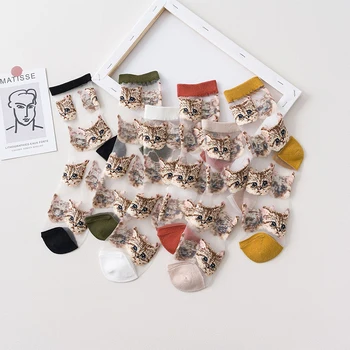 Q Korėjos Stiliaus Plonas Skaidrus Juokingas Kojines Moterims Vasaros Cute Kačių Dizaino Stiklo Skarpety Nėrinių Sokken Vidutinio Kojinės