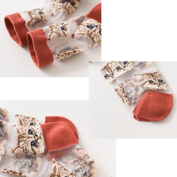 Q Korėjos Stiliaus Plonas Skaidrus Juokingas Kojines Moterims Vasaros Cute Kačių Dizaino Stiklo Skarpety Nėrinių Sokken Vidutinio Kojinės