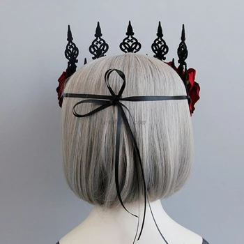 Lady Queen Galvos Vainikas Derliaus Gothic Black Crown Raudonos Rožės Tiara Lankelis Helovinas Šalis Maskuotis Cosplay