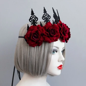 Lady Queen Galvos Vainikas Derliaus Gothic Black Crown Raudonos Rožės Tiara Lankelis Helovinas Šalis Maskuotis Cosplay