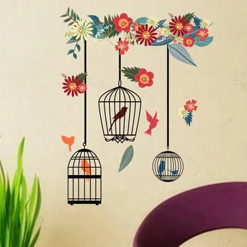 Spalvinga Gėlių Birdcage Sienų Lipdukai Gyvenimo Kambario, Miegamasis Namų Apdaila, Sienų Lipdukai Didelis Freskomis Meno Plakatas-PVC