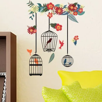 Spalvinga Gėlių Birdcage Sienų Lipdukai Gyvenimo Kambario, Miegamasis Namų Apdaila, Sienų Lipdukai Didelis Freskomis Meno Plakatas-PVC