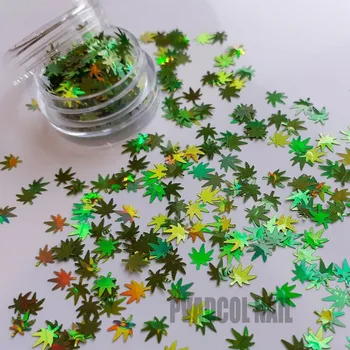 Piktžolių Lapų Blizgučiai Nagų Dailės Holografinis Žalia Marihuanos Lapai 3D Formos, Manikiūro Salonas Apdaila