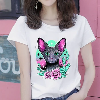 Korėjos stilių Vintage marškinėliai moterims Gėlės Sfinksų Kačių Tatuiruotės Spausdinti Viršūnes Tee Atsitiktinis Mados trumpomis Rankovėmis Moteriška estetinės marškinėlius