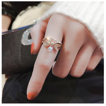 Moterų Mados Romantiška Bowknot Dizaino Žiedai Kristalų Rosegold Baltos Spalvos Žiedas Blizga Atidarymo Žiedas Lady Mergaitės