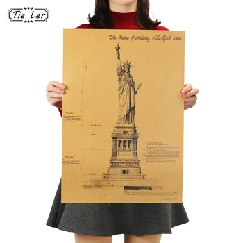 KAKLARAIŠTIS LER Laisvės Statula niujorke Retro Plakato Puošmena Pastato Kraft Popieriaus Siena Lipdukas 51.5X36cm