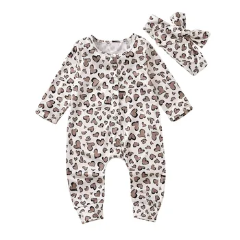 0-12Months Naujagimiui Kūdikių Berniukai&Mergaites Meilė Širdies Leopardas Spausdinti Romper Jumpsuit Lankelis Komplektus חליפות לתינוקות mados M4