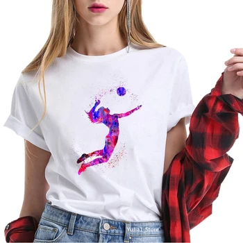 Karšto pardavimo akvarelė tinklinio mergaičių spausdinti marškinėlius moterims patinka sporto tees vasaros 2020 viršų moteriška white t-shirt juokinga t shirts