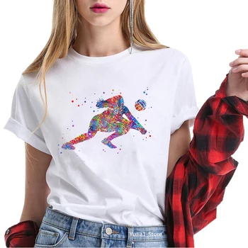 Karšto pardavimo akvarelė tinklinio mergaičių spausdinti marškinėlius moterims patinka sporto tees vasaros 2020 viršų moteriška white t-shirt juokinga t shirts