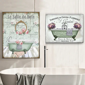 Derliaus Prancūzų Stilius Skurdus Viktorijos Vonia Drobė Spausdina , Akvarelė Gėlių Vonios Sienos Meno Tapybos Nuotraukas Apdaila