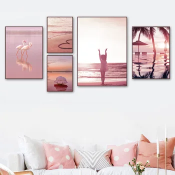 Pink Flamingo Beach Mergina Palmių Citatos Sienos Meno Tapybos Drobės Šiaurės Plakatai Ir Spausdina Sienos Nuotraukas Gyvenimo Kambario Dekoro