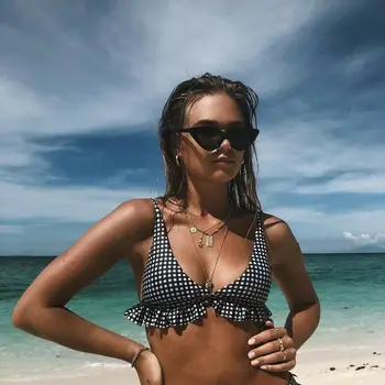 Moterų maudymosi kostiumėlį Moteris Pledas Bikini Rinkinys Sexy Black&White Maudymosi Kostiumai, maudymosi Kostiumėliai, Raukiniai Push Up Trikampis Maudymosi Paplūdimio