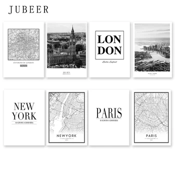 Šiuolaikinės niujorko, Londono, Paryžiaus Miesto Žemėlapį Sienos Meno Nuotrauką Kambarį Juoda ir Balta Plakatai ir Spausdina Namų Dekoro