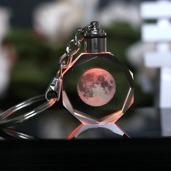 Kristalinis Mėnulis Key Chain Lazeriu Graviruotas Miniatiūriniai Mėnulis Keychain Led Šviesos Spalvinga Stiklo Raktų Žiedas Pakabukas Kabo Dovana