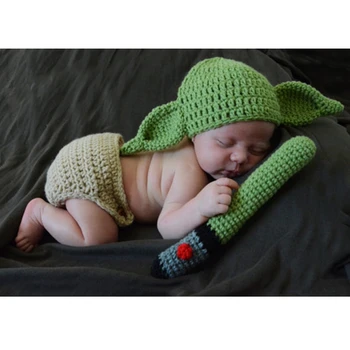 Kūdikių Fotografija Rekvizitai Naujagimių Bodysuits Rankų Darbo Megzta Kepurė + Kelnės Star Wars Yoda Kostiumas Apranga Žalia
