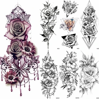 Didelis Rožių Gėlių Laikinos Tatuiruotės Netikrą Jewelrys Dizaino Pakabukas Chna Vandeniui Netikrą Tatuiruotę Decal Moterų Kūno Menas Tatoos Rankos 3D
