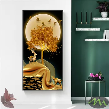 Abstraktus Peizažas Aukso Medžio Mėnulis Šiuolaikinės Dekoratyvinės Nuotrauką Drobė Sienos Meno Plakatas F Kambarys, Veranda, Biuro Dekoras su Kabykla 6-14