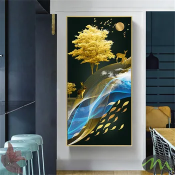 Abstraktus Peizažas Aukso Medžio Mėnulis Šiuolaikinės Dekoratyvinės Nuotrauką Drobė Sienos Meno Plakatas F Kambarys, Veranda, Biuro Dekoras su Kabykla 6-14