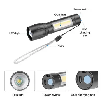 Mini Nešiojamas 2 LED Žibintuvėlis COB USB Įkrovimo Žibintų 3 Darbo Režimai Flash Šviesos Fakelas, Lauko Žvejyba, Kempingas Žibintai