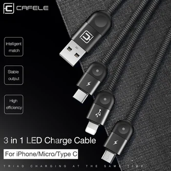 Cafele LED Šviesos 3 in 1 USB Įkrovimo Kabelis, Mikro USB C Tipo Kabelio 