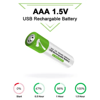 NAUJAS 1,5 V AAA USB įkrovimo 550 mWh li-ion baterijos AAA, Nuotolinio valdymo belaide pele + Kabelis