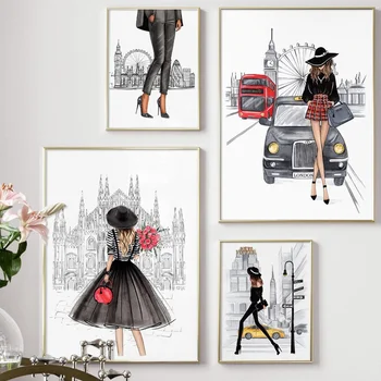 Londonas, Paryžius Super modelis Mados Mergaitė Sienos Meno Tapybos Drobės Šiaurės Plakatai Ir Spausdina Sienos Nuotraukas Gyvenimo Kambario Dekoro