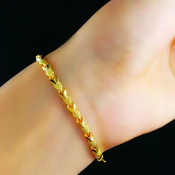 Naujas Atvykimo gryno aukso spalva Širdies nuorodą, Apyrankės moterims Didmeninės bižuterijos 24K geltonojo Aukso Apyranke Mergaitėms 16+4cm