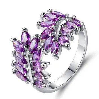 Violetinės Spalvos Kristalai Žiedai Lapų Formos CZ Kubinis Cirkonis Piršto žiedą, Moterims Patelės Vestuvės Papuošalai Aksesuaras bijoux
