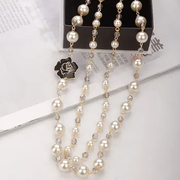 Korėjos Camellia dvigubai layerd megztinis ilgos grandinės perlų karoliai pakabukas papuošalai moterims šalis