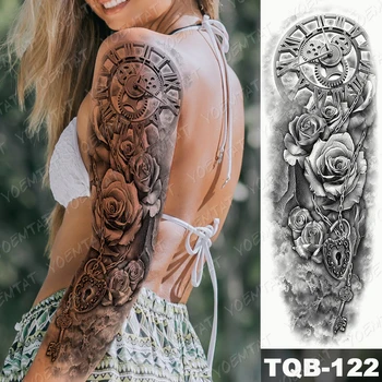 Didelės Rankos Rankovių Tatuiruotės Laikrodžiai Rose Akių Liūtas Vandeniui Laikinai Tatto Lipdukas Gėlė Laiko Body Art Visiškai Netikras, Tatuiruotė Moterys Vyrai