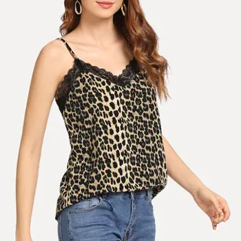 HIRIGIN Mados Moterų Sexy V Kaklo Leopardas Spausdinti Camisole Tee Vest Vasaros Lady Nėrinių Cami Pasėlių Marškinėliai