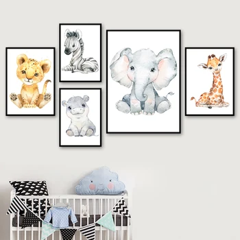 Gyvūnų Sienos Meno Tapybos Drobės Žirafa, Dramblys, Liūtas, Zebras Hippo Šiaurės Plakatai Ir Spausdina Vaikų Darželio Sienos Nuotraukas Kūdikių, Vaikų Kambarys