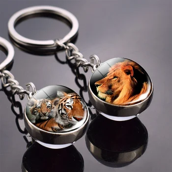 Gyvūnų Keychain Tigras, Vilkas Lapė Liūtas Dvigubo Stiklo Pusėje Kamuolį Key Chain Juoda Katė, Arklys ir Mėnulis Raktų Žiedas Pakabukas paketų prižiūrėtojų raktinę