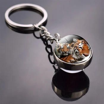 Gyvūnų Keychain Tigras, Vilkas Lapė Liūtas Dvigubo Stiklo Pusėje Kamuolį Key Chain Juoda Katė, Arklys ir Mėnulis Raktų Žiedas Pakabukas paketų prižiūrėtojų raktinę