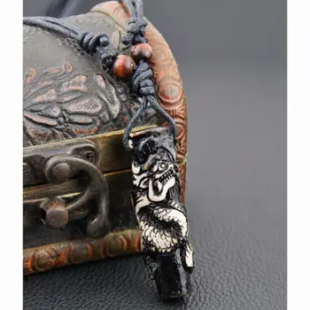 Modeliavimo Kaulo Drožyba Totem Dragon Pakabukas Berniukas Vyrų Etninės Medienos Granulės Karoliai Amuletas Pasisekė Dovana MN112