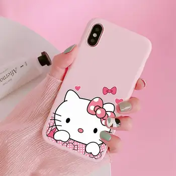 Cute kačių Hellos Kittys Telefono dėklas Skirtas iphone 12 11 Pro Max Mini XS 8 7 6 6S Plus X SE 2020 XR Matinis Saldainių Rožinės spalvos Silikoninis dangtelis