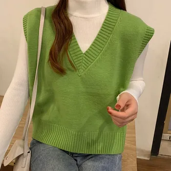 Korėjos Elegantiškas Studentų V-kaklo Megztinis Prarasti Atsitiktinis Mezgimo Viršūnes Viršutiniai drabužiai Vest Rudenį Megztinis Liemenė Moterų Megztinis Liemenė