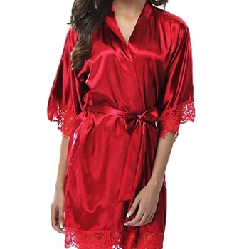 Sexy Nėrinių, Šilko Skraiste Su Diržo Moterys Trumpas Satino Vestuvių Chalatas Kimono Sleepwear Elegantiškas Pižamą Pusė Rankovėmis V-kaklo Pižama