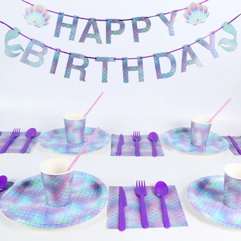 Stalo įrankiai rinkinys, merginos gimtadienio undinė šalis dekoro vienkartiniai indai popieriaus taurės plokštė šalių kūdikių džiaugtis vestuvių deco
