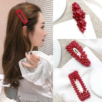1Pc Mados Red Pearl Plaukų Įrašą Moterų, Mergaičių, Elegantiškas korėjos Dizaino Snap Žiburių Stick Staigius Plaukų Formavimo Priedai