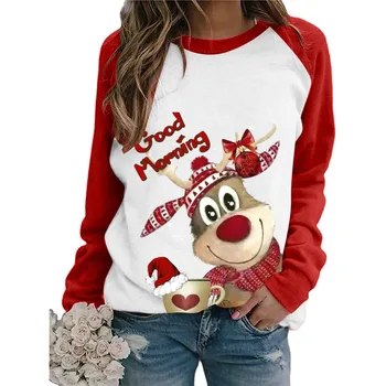 Moterų Linksmų Kalėdų T-Shirt Elnias Spausdinti Skara Megztinis Viršuje kratinys Mergina Long Sleeve tee marškinėliai femme Raglan Rankovėmis Mados