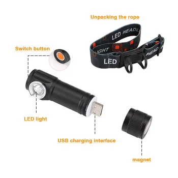 Sanyi 2in1 LED Žibintų Žibintuvėlis 3 Režimas Mini Žibintuvėlis Magnetinio Darbo Lemputė USB Įkrovimo Žibintai Kaktos Naktį, Žvejybos