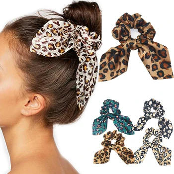 2019 moterų leopard ausų Plaukų juostos katytė plaukų scrunchies mergina triušis spausdinti Priedai surišti į arklio Savininkas merginos haar aksesuarai