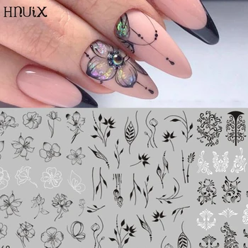 HNUIX 1pc Juoda Mandala Gėlių Nagų Lipdukai Atogrąžų Lapų Nail Art 3D Lipdukas 